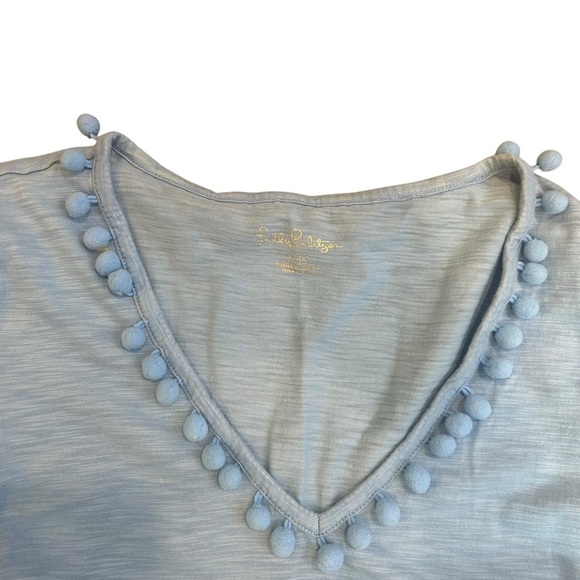 Lilly Pulitzer Etta Pom Pom top Zanzibar blue size XXS Pima cotton v neck shirt - Picture 5 of 9
